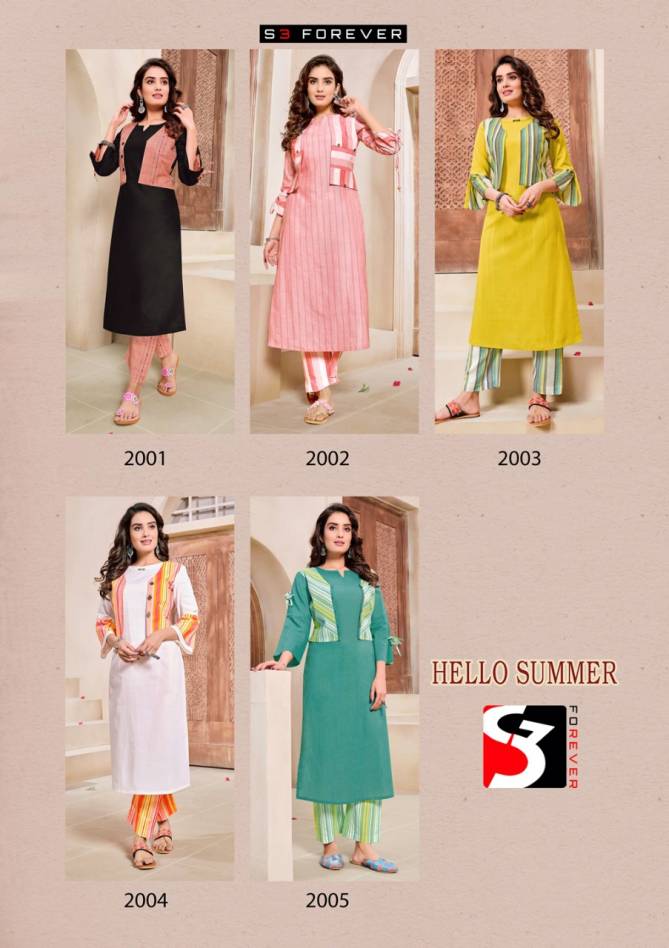 S3 Forever Hello Summer Latest Fancy Designer Casual Wear Jacket Cotton Kurti With Bottom Collection
